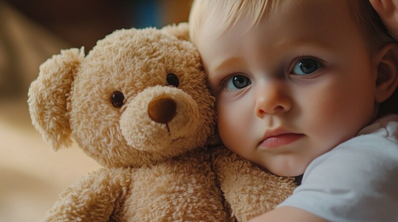 close-up image of a baby holding a soft, beige teddy bear. The baby gazes into the distance with wide blue eyes, looking calm and thoughtful while cuddling the stuffed toy for comfort. The lighting is soft, creating a warm and cozy atmosphere