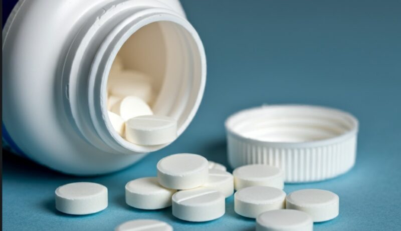 A close-up shot of a white pill bottle tipped over, with several white tablets spilled out onto a soft, blue background